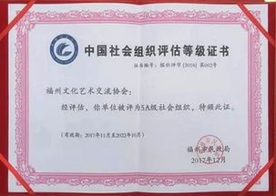 喜讯 福州文化艺术交流协会被评为5A级社会组织